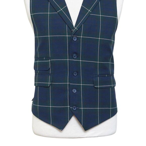 Mens Vest 44R Tartan Plaid Wool Blue Green White Lapel Waistcoat Formal Wedding - Picture 5 of 9